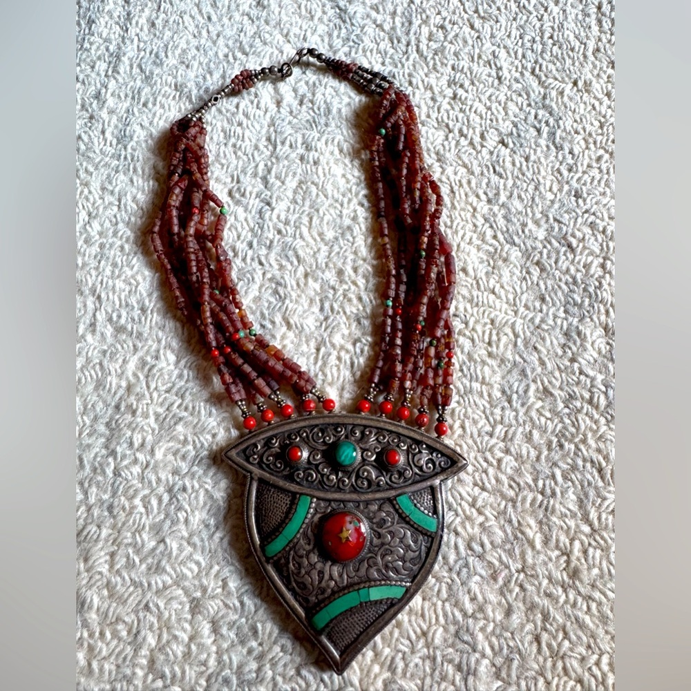 Red and Green Beaded Necklace with Ornate Pendant